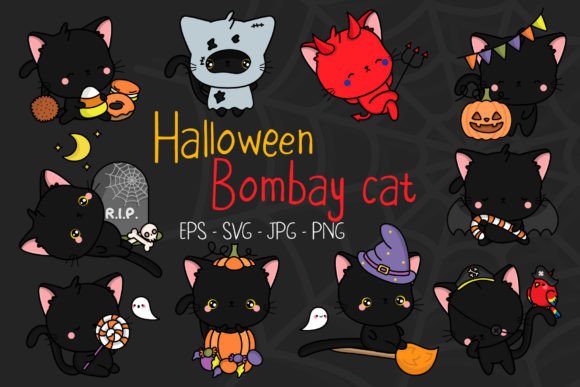 Download Set of Cute Halloween Cat Illustrations - Halloween cat illustrations Collection